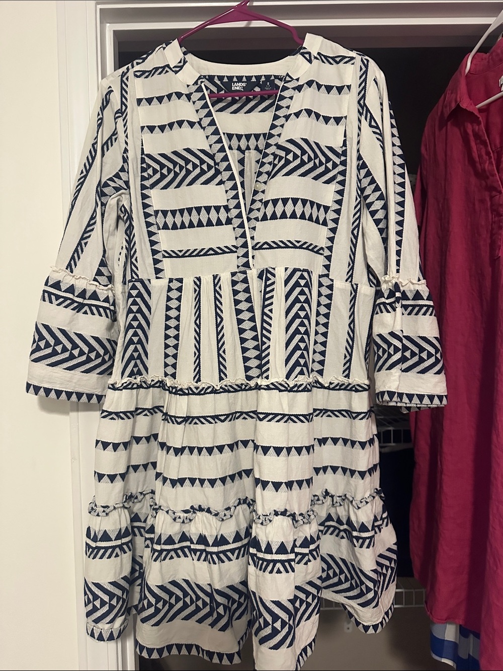 Lands' End Navy and White Geometric Tiered Mini Dress